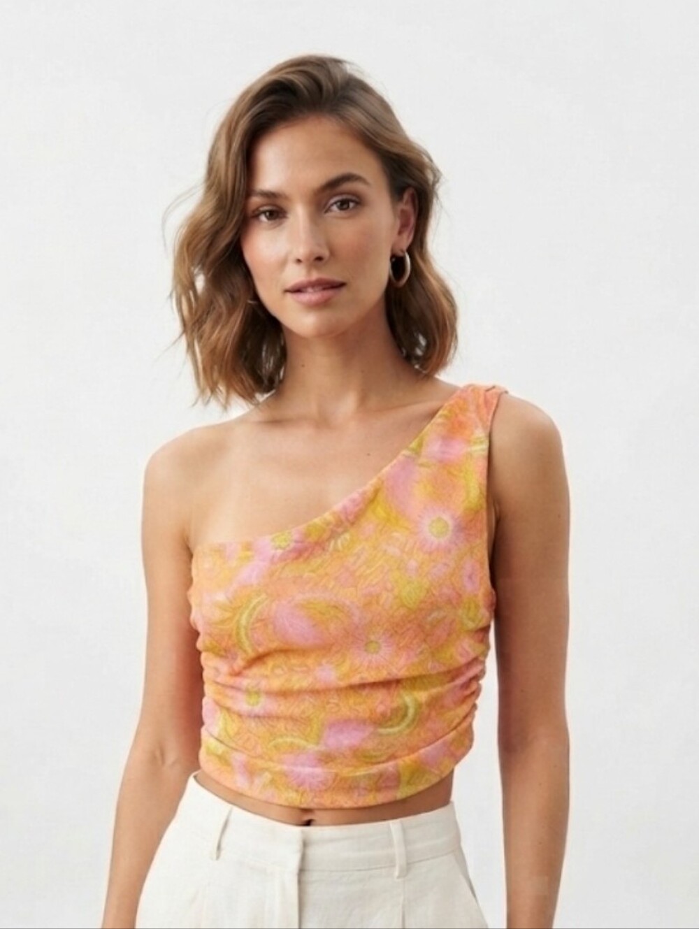 Revolve X House of Harlow 1960 Pink Yellow One-Shoulder Floral Crop Top Size M